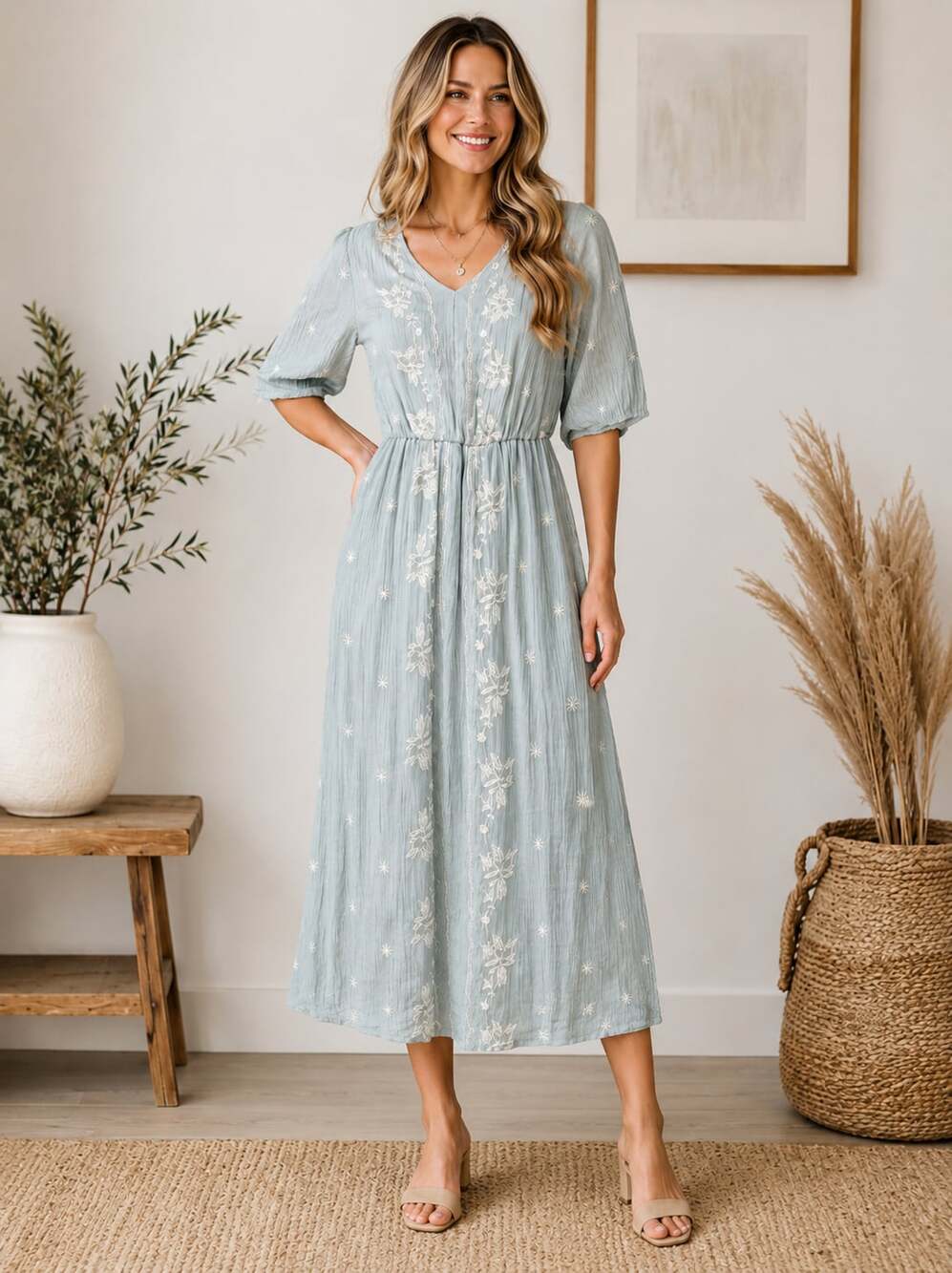 Sweet Salt Sage Green Embroidered V Neck Maxi Dress Boho Cottagecore Size 2